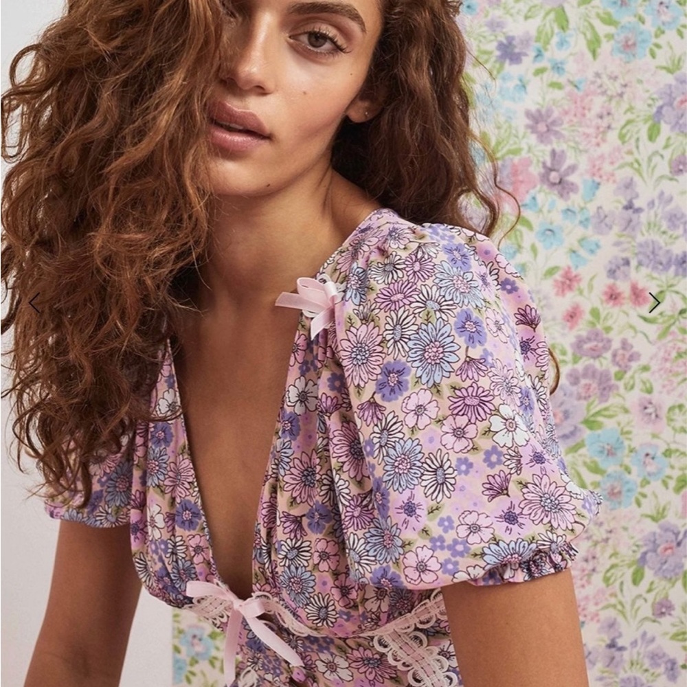 NWT For Love and Lemons S Dress Willow Floral Dress Lilac Mini Puff Sleeve - Picture 9 of 9